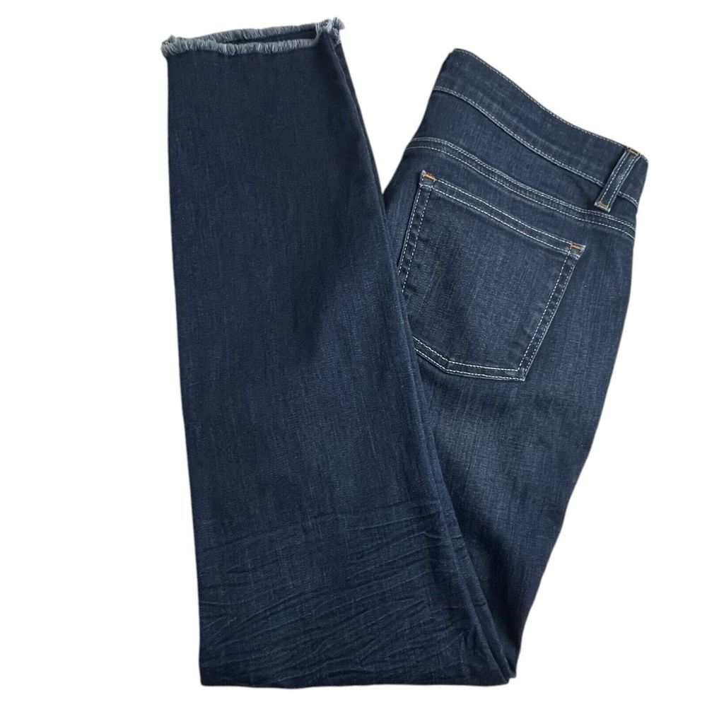 Eileen Fisher Womens 4 Dark Wash Mid Rise Fringe Hem Slim Straight Leg Jeans